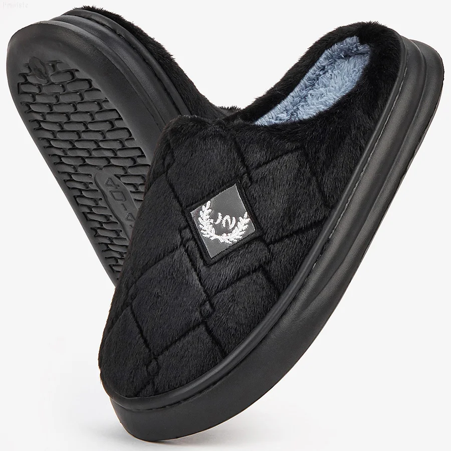 Color: black, Shoe Size: 40-41 - Men's House Slippers Furry Plaid cozy EVA Memory Foam Lightweight Casual Shoes Winter Warm Plush Non-slip Slippers big size