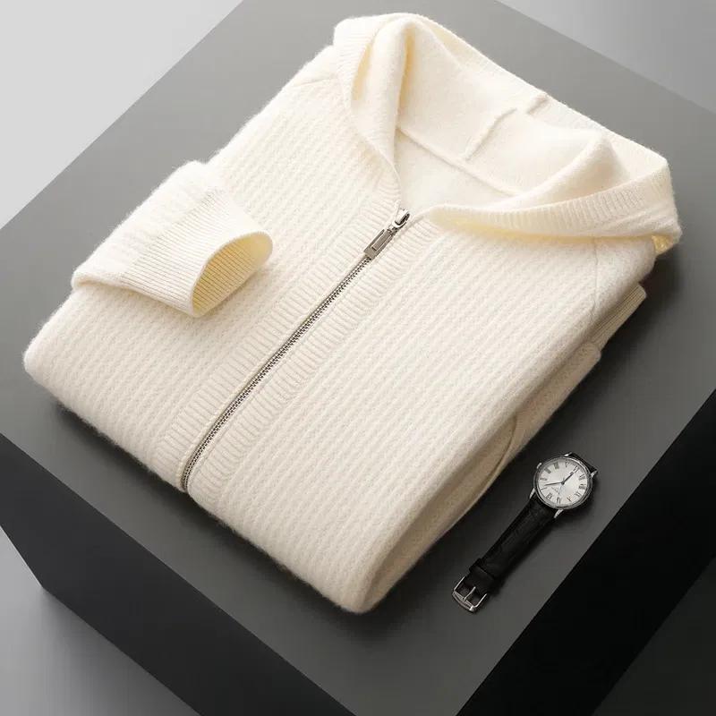 Color: Brown, Size: L, Ships From: CHINA - New Product 100% Merino Wool Knitted Cardigan For Men Hooded Sweater Casual High-end Jacket Men's long Sleeved Wool Sweater Coat
