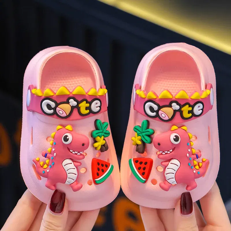 Color: black, Shoe Size: 3 - Summer Childrens Slippers Hole Kids Sandals Soft Anti-Skid Cartoon Dinosaur DIY Design Indoor Anti-Slip Boys Girls Beach Shoes
