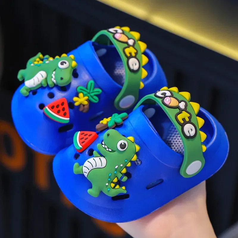 Color: black, Shoe Size: 3 - Summer Childrens Slippers Hole Kids Sandals Soft Anti-Skid Cartoon Dinosaur DIY Design Indoor Anti-Slip Boys Girls Beach Shoes