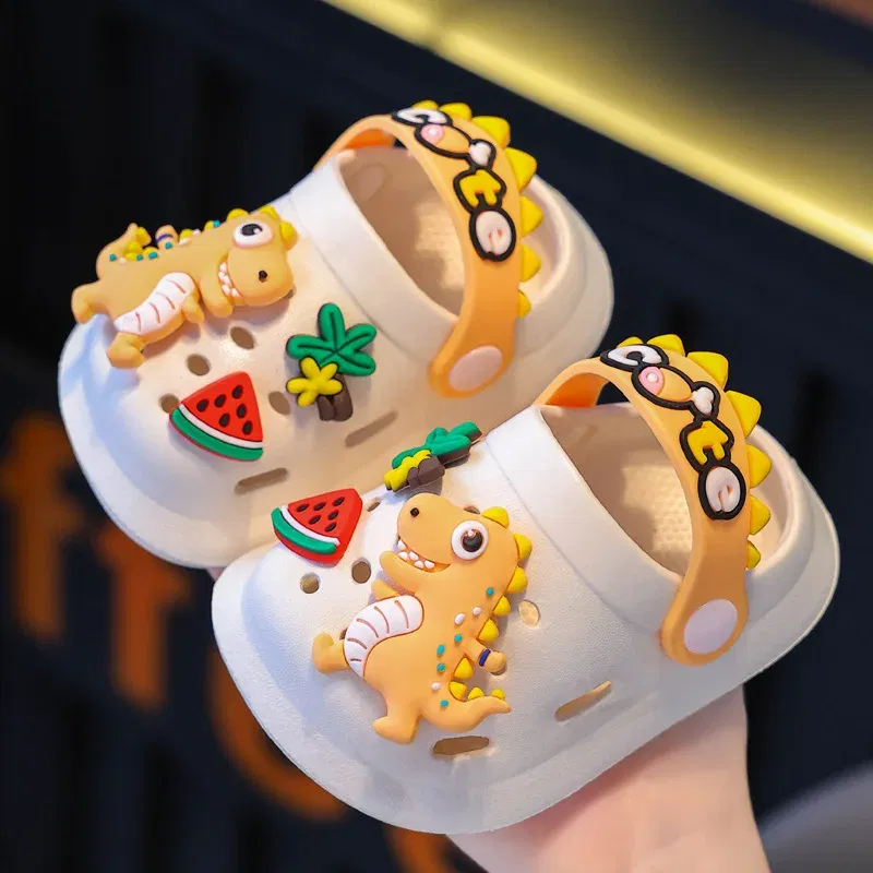 Color: black, Shoe Size: 3 - Summer Childrens Slippers Hole Kids Sandals Soft Anti-Skid Cartoon Dinosaur DIY Design Indoor Anti-Slip Boys Girls Beach Shoes
