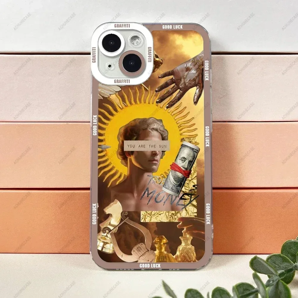 Color: GRAY, Material: Vinyl - Aesthetic Statue Art Phone Case For iPhone 16 15 14 13 12 11 Pro Max XS X XR Plus Mini Luxury Transparent Soft Funda