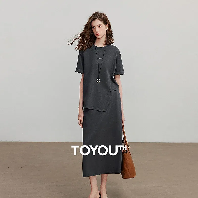 TOYOUTH Women Two Piece Set 2025 Summer New Short Tops Straight Skirt 8520025