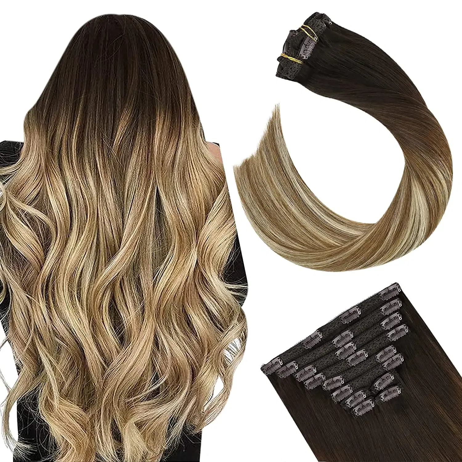 Color: TDB3/Lilac, Length: 18 inches, Weight Per Package: 120g/Set - [16 Colors] Ugeat Clip in Hair Extensions Human Hair 14-22" Double Weft Remy Hair Full Head Clip in Extensions for Woman 7Pcs