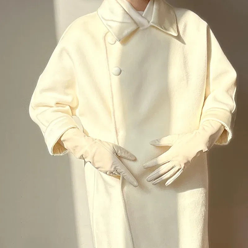 Color: green, Gloves Size: 8 1/2 - 50cm New Genuine Leather White Women's High Grade Party Mittens Sheepskin Lady Winter Velvet long Gloves Creamy Ivory Snow White