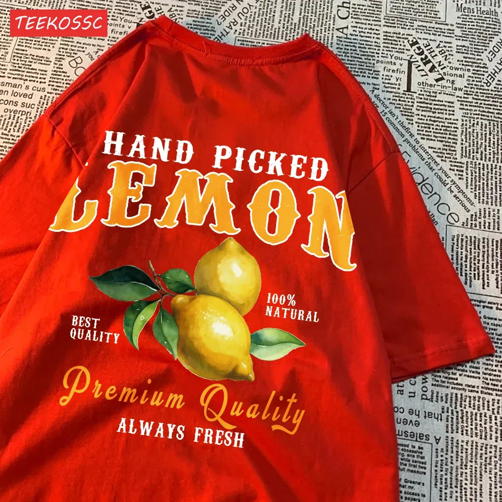 Color: Champagne, Size: M - Summer Lemon Cherries Prints T-Shirts Cotton Women's Tops Oversize O-Neck Soft Short Sleeve tees Street Casual Womans Clothes