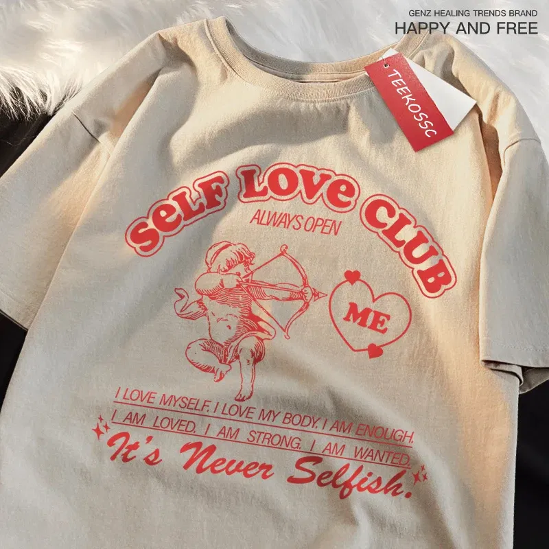 Color: green, Size: L - Self Love Club Fun Cupid Men Women T Shirts Breathable Street Tee Clothes Cotton Summer Fashion Loose Casual Oversized T Shirt
