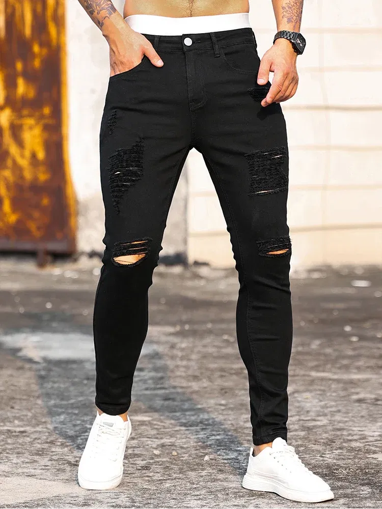 Color: black, Size: S - Fashion Men's Street Ripped Jeans Pure Black Stretch Tight Small Foot Pencil Pants Boyfriend Club Clothing Denim Ropa Hombre