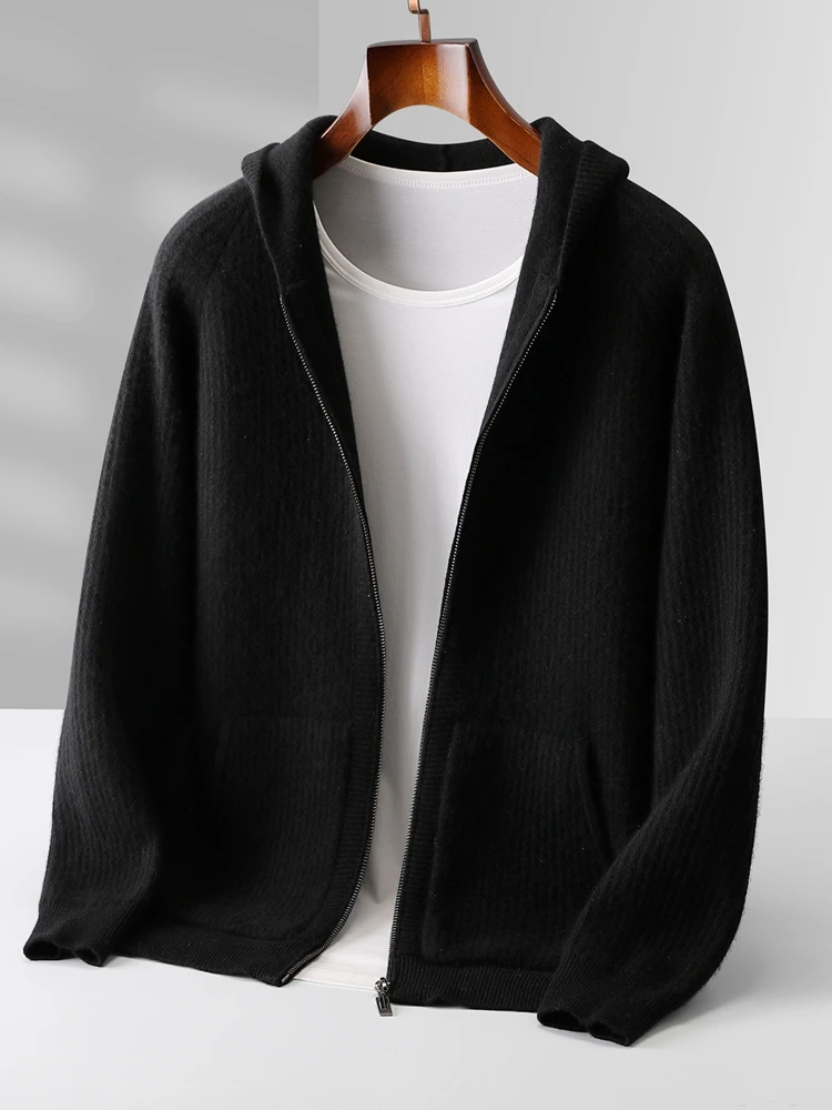 Color: Dark Grey, Size: XL - Daily Clothes Autumn Winter Sweater Men's Coat 100% Merino Wool Sweater Cardigan Knitted Jacket Thicked Hooded Outerwears Trend