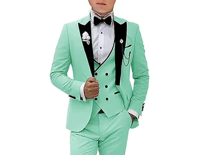 Color: army green, Size: L - Pink Prom Suit for Men 3 Piece Jacket Vest Pants Set Peaked Lapel Blazer Outfit Costume Birthday Party