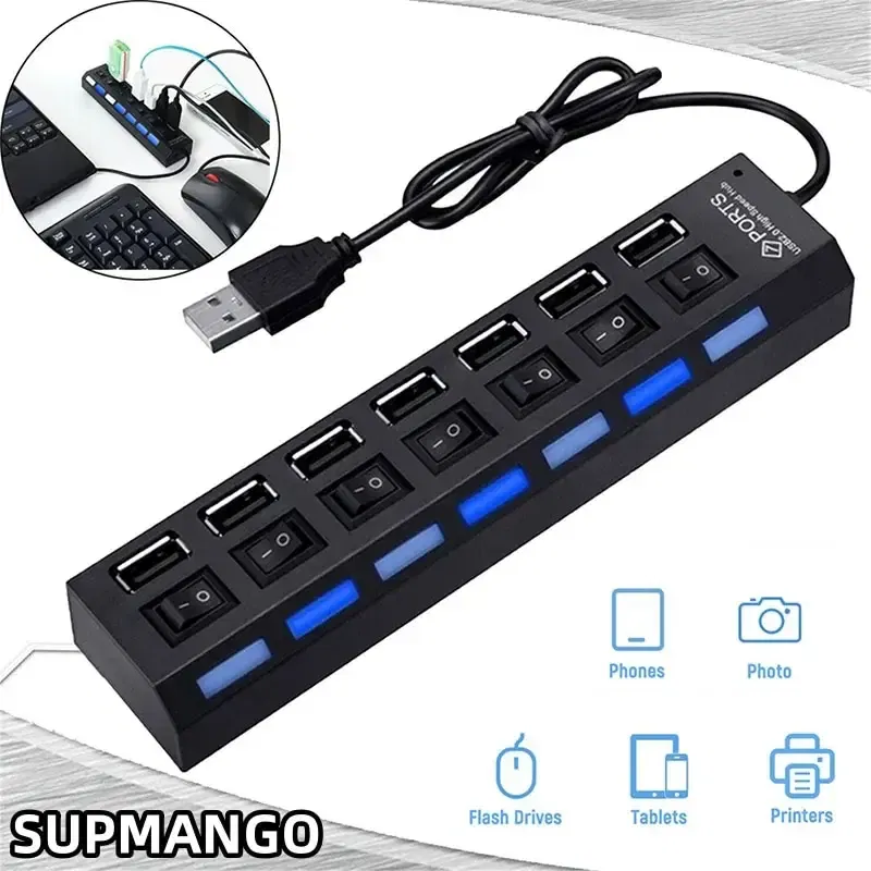 Color: WHITE - USB HUB USB Switch Hub 2.0 Adapter High Speed Multi 7 Ports Hub USB On Off Portable Splitter For Computer Laptop