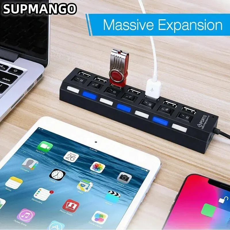 Color: WHITE - USB HUB USB Switch Hub 2.0 Adapter High Speed Multi 7 Ports Hub USB On Off Portable Splitter For Computer Laptop