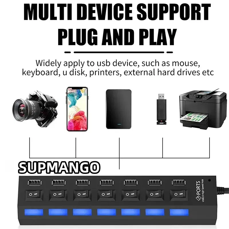 Color: WHITE - USB HUB USB Switch Hub 2.0 Adapter High Speed Multi 7 Ports Hub USB On Off Portable Splitter For Computer Laptop