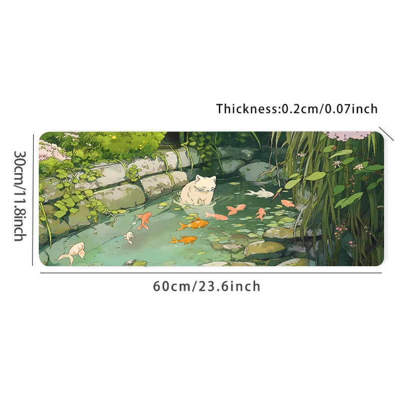 Size: 60x30 cm - Cute Cartoon Cat Fish Mouse Pad Green Large Computer Keyboard Pad Natural Rubber Anti-Slip Pad Perfect Gift for Girlfriend Women