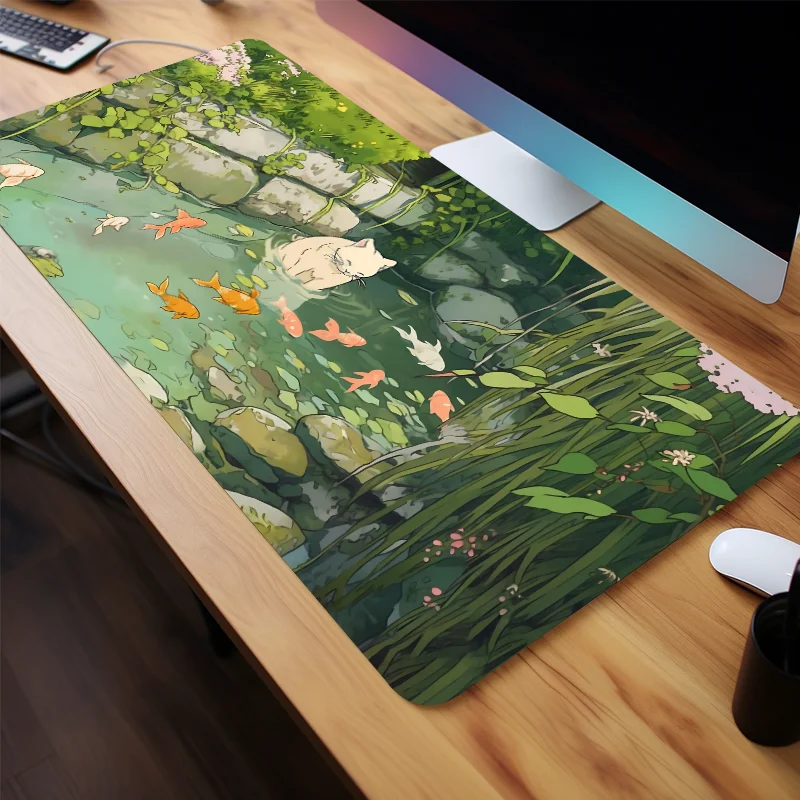 Size: 60x30 cm - Cute Cartoon Cat Fish Mouse Pad Green Large Computer Keyboard Pad Natural Rubber Anti-Slip Pad Perfect Gift for Girlfriend Women