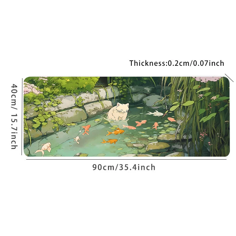 Size: 60x30 cm - Cute Cartoon Cat Fish Mouse Pad Green Large Computer Keyboard Pad Natural Rubber Anti-Slip Pad Perfect Gift for Girlfriend Women