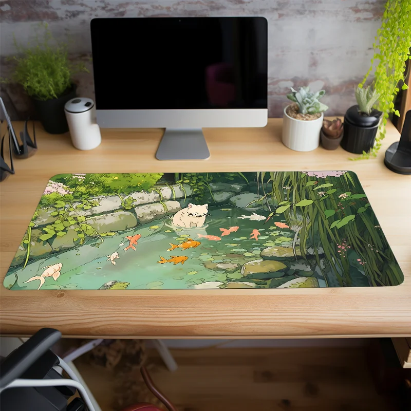 Size: 60x30 cm - Cute Cartoon Cat Fish Mouse Pad Green Large Computer Keyboard Pad Natural Rubber Anti-Slip Pad Perfect Gift for Girlfriend Women