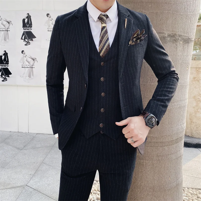 Color: Khaki, Size: XXL - Gray Men Classic Striped/Checked Suits, Business Office 3 Piece, Asian Size Slim Fit Men Dress Jacket & Pants with Vest, S-4XL