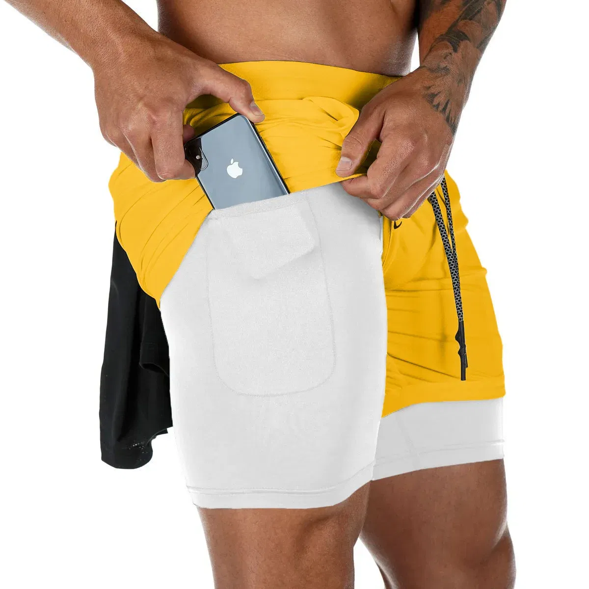Color: Dark Grey, Size: L - Men's Double Layer Fitness Shorts Drawstring Mesh Lining Elastic Waist Breathable Quick Dry to Beach Pool Summer Male