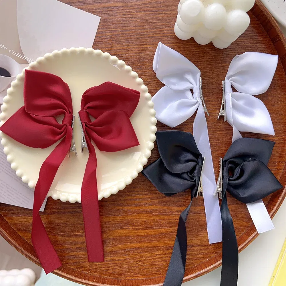 Color: GRAY - 2Pcs Bow Ribbon Hair Clip Fashion Bowknot Hairpins Small Cute Barrettes Women Girls Kids Bows Clips Ornament Headwear Headdress