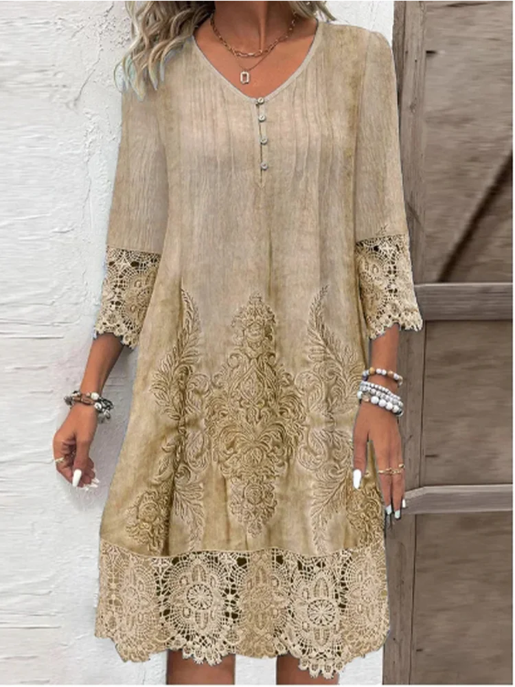 Color: Khaki, Size: M - Lace Printed Short Sleeved Button V-neck Women's Dress Elegant Casual Fashionable High Street Spring Dresses