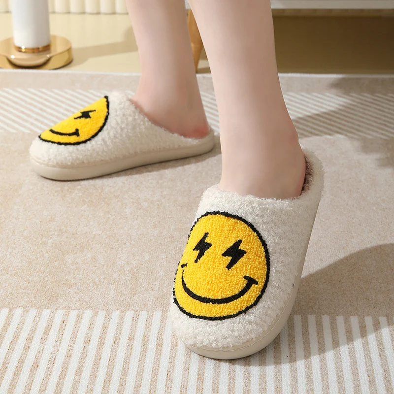 Color: LIGHT BLUE, Shoe Size: 45 - Leopard Print Winter Slippers Women Lightning Smile Face Fluffy Fur Slippers Woman Indoor Anti-slip Furry Couple Cotton Slides