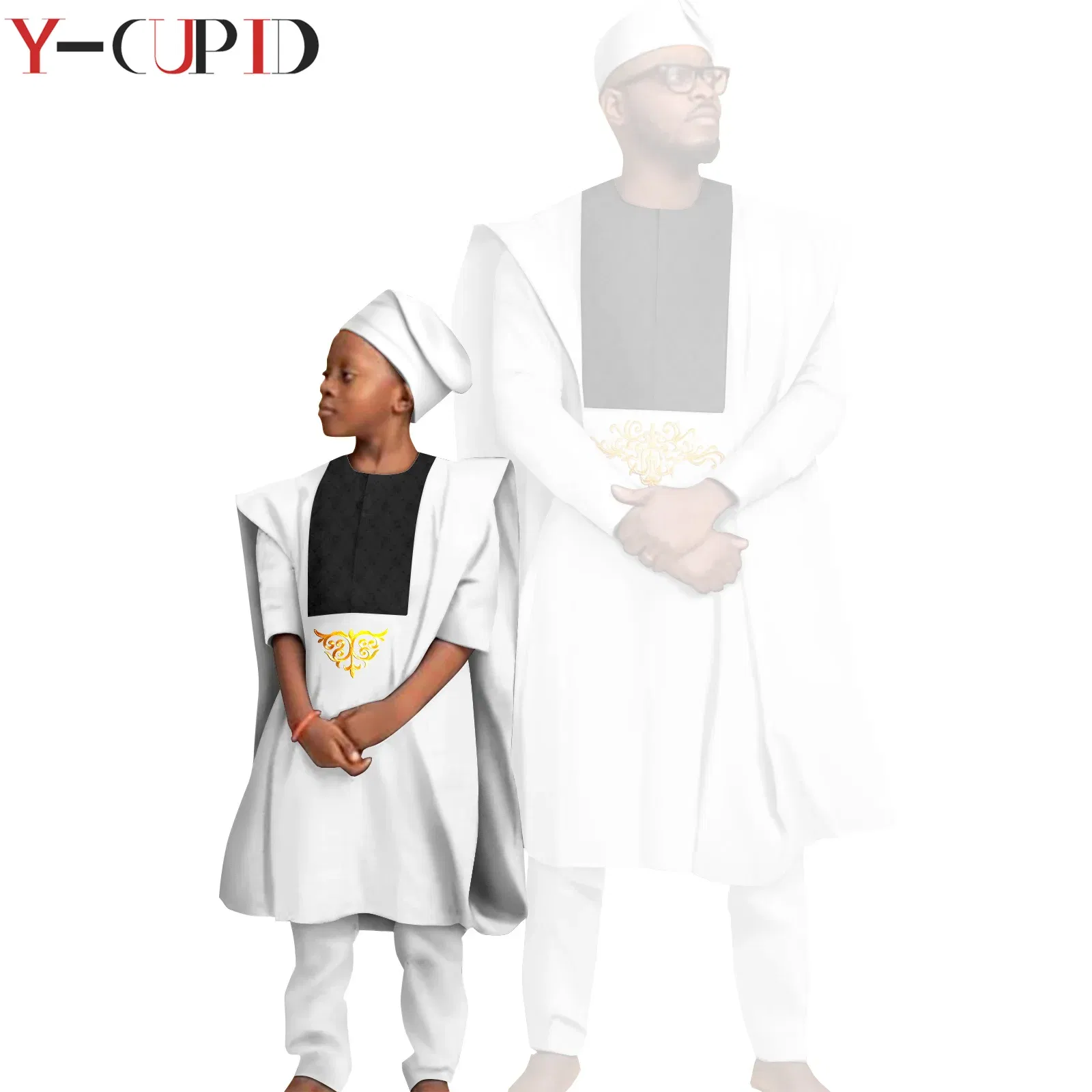 Color: Silver, Size: Mother 4XL - African Clothes for Men Top Pants Robes Hat Sets Match Kid Boy Sets Dashiki Father and Son Bazin Riche Family Outfits Y20F001