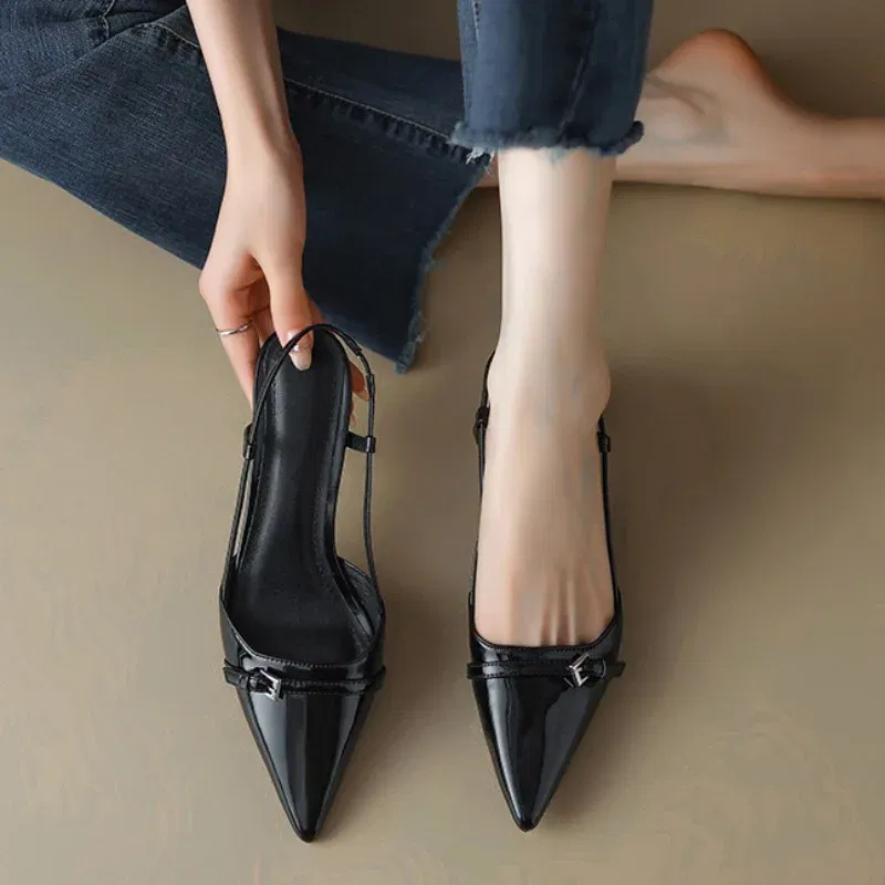 Color: black, Shoe Size: 42 - 2024 New Summer Women's Dress Shoes Patent Leather Slip on Pointed Toe Sandals Buckle Slingbacks Mid Heels Pumps Sandalias Mujer