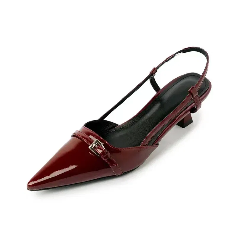 Color: black, Shoe Size: 42 - 2024 New Summer Women's Dress Shoes Patent Leather Slip on Pointed Toe Sandals Buckle Slingbacks Mid Heels Pumps Sandalias Mujer