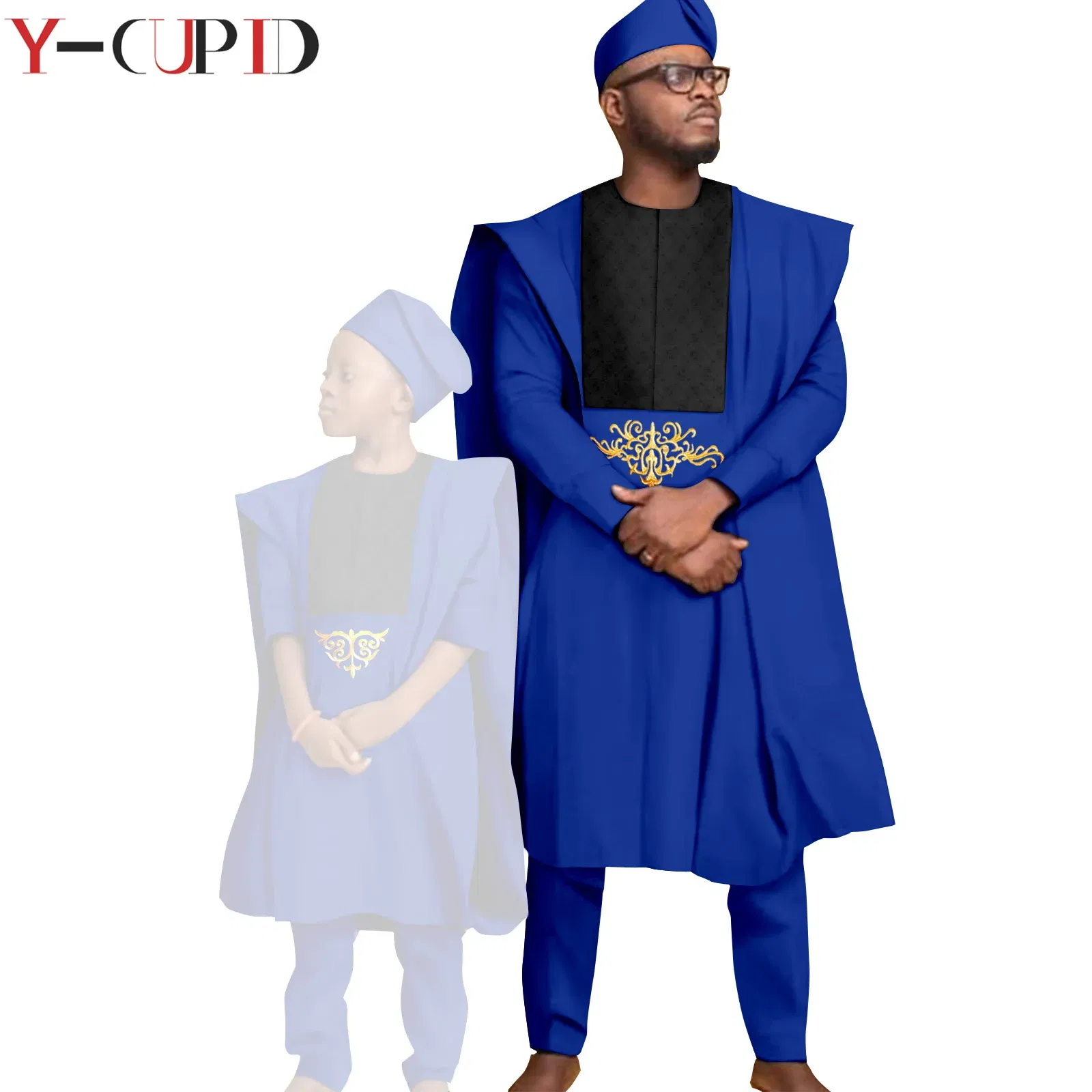 Color: Beige, Size: M - African Clothes for Men Top Pants Robes Hat Sets Match Kid Boy Sets Dashiki Father and Son Bazin Riche Family Outfits Y20F001