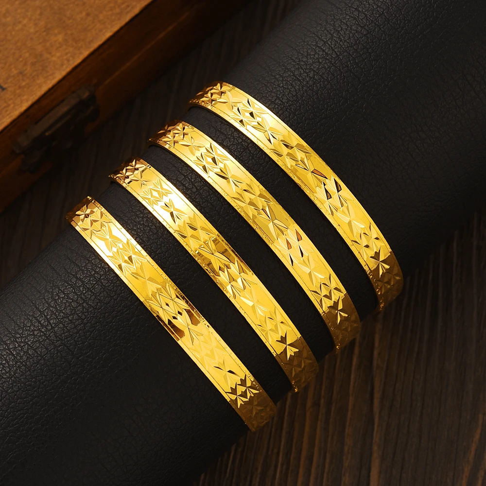Metal Color: Rhodium Plated - 4PCS Gold Color Width 8mm Different Size Hawaiian Jewelry Polynesian Gold Plated Flower Bangles Girls Birthday Party Gifts
