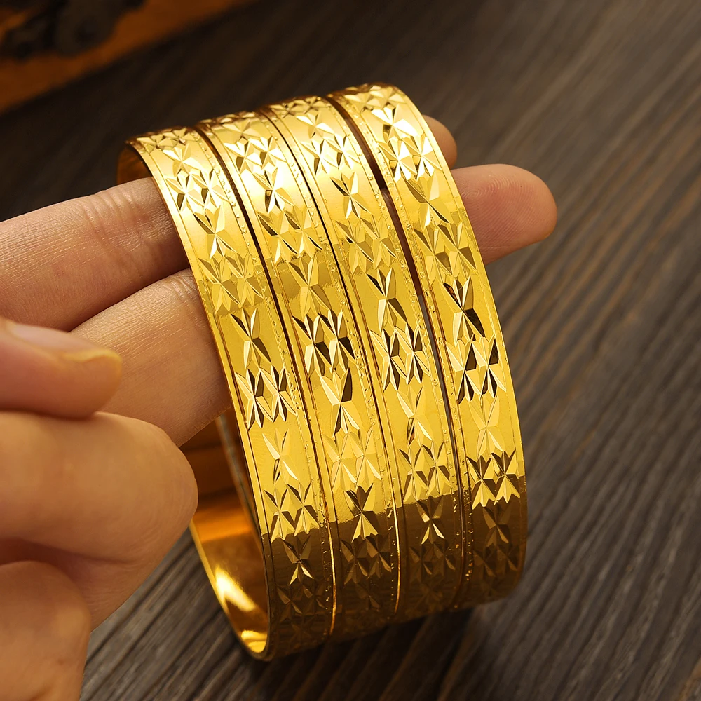 Metal Color: Rhodium Plated - 4PCS Gold Color Width 8mm Different Size Hawaiian Jewelry Polynesian Gold Plated Flower Bangles Girls Birthday Party Gifts