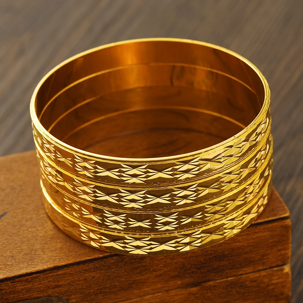 Metal Color: Rhodium Plated - 4PCS Gold Color Width 8mm Different Size Hawaiian Jewelry Polynesian Gold Plated Flower Bangles  Girls Birthday Party Gifts