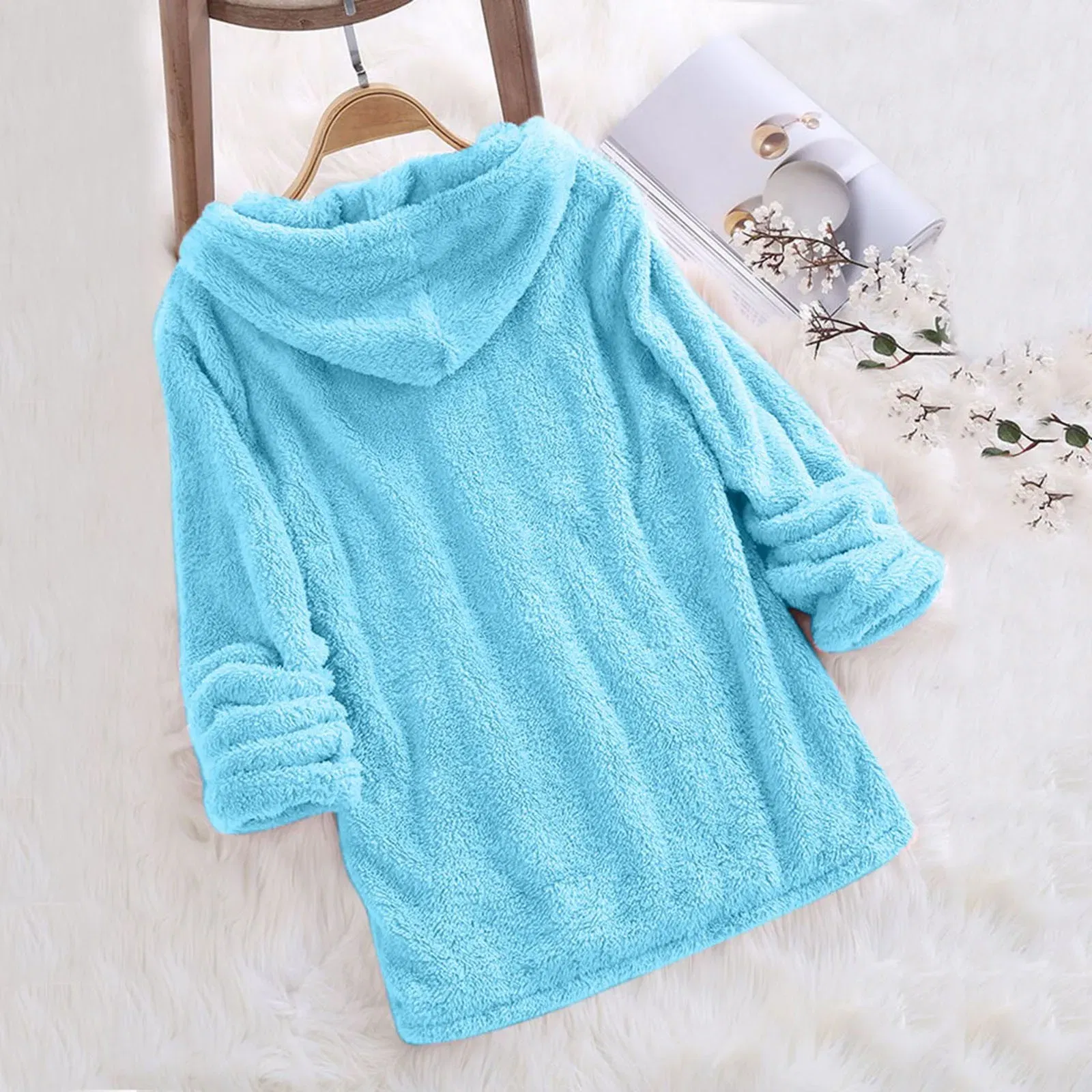 Color: PURPLE, Size: XXL, Ships From: CN - Women's Winter Casual Solid Color Plush Hooded Long Sleeve Pullover Thick Warm Fluffy Sweatshirts Blouse Oversized Loose Tops