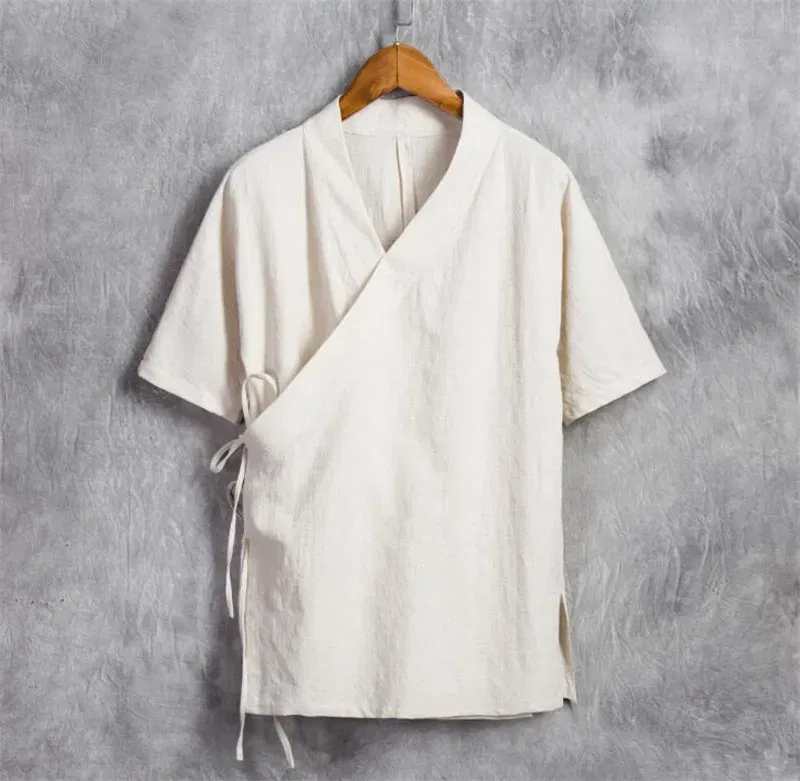 Color: Khaki, Size: L - Men Cotton Linen Short sleeve Kung Fu Shirt Classic Chinese Style Tang Clothing Size M-6XL