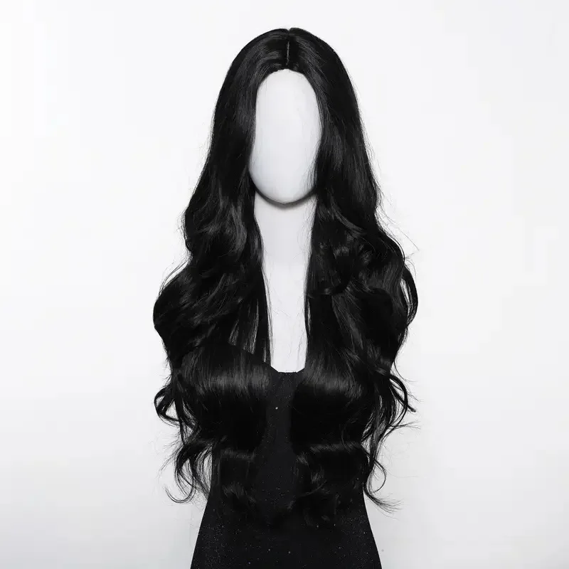 Color: #2 - Black synthetic wig with middle-parted long hair and big waves for party or daily use. High-temperature synthetic hair cap.