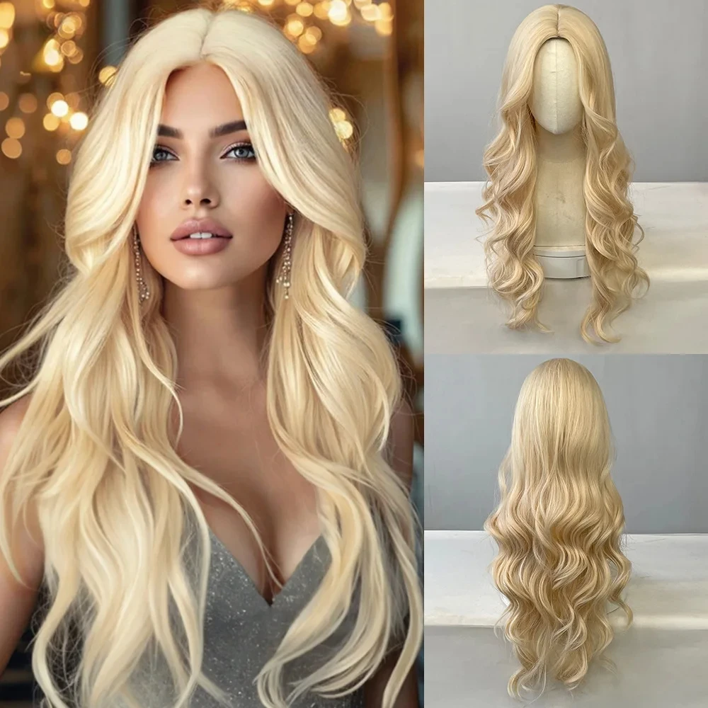 Color: #2 - Black synthetic wig with middle-parted long hair and big waves for party or daily use. High-temperature synthetic hair cap.