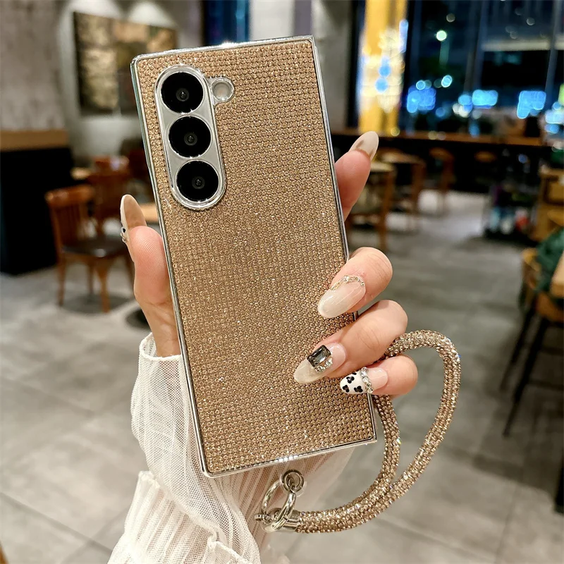 Color: Beige, Material: Cotton Fabric - Luxury Flash Diamond Sparkling phone case for Samsung Galaxy Z Fold 6 5 zfold 4 Electroplated bracelet shockproof cover