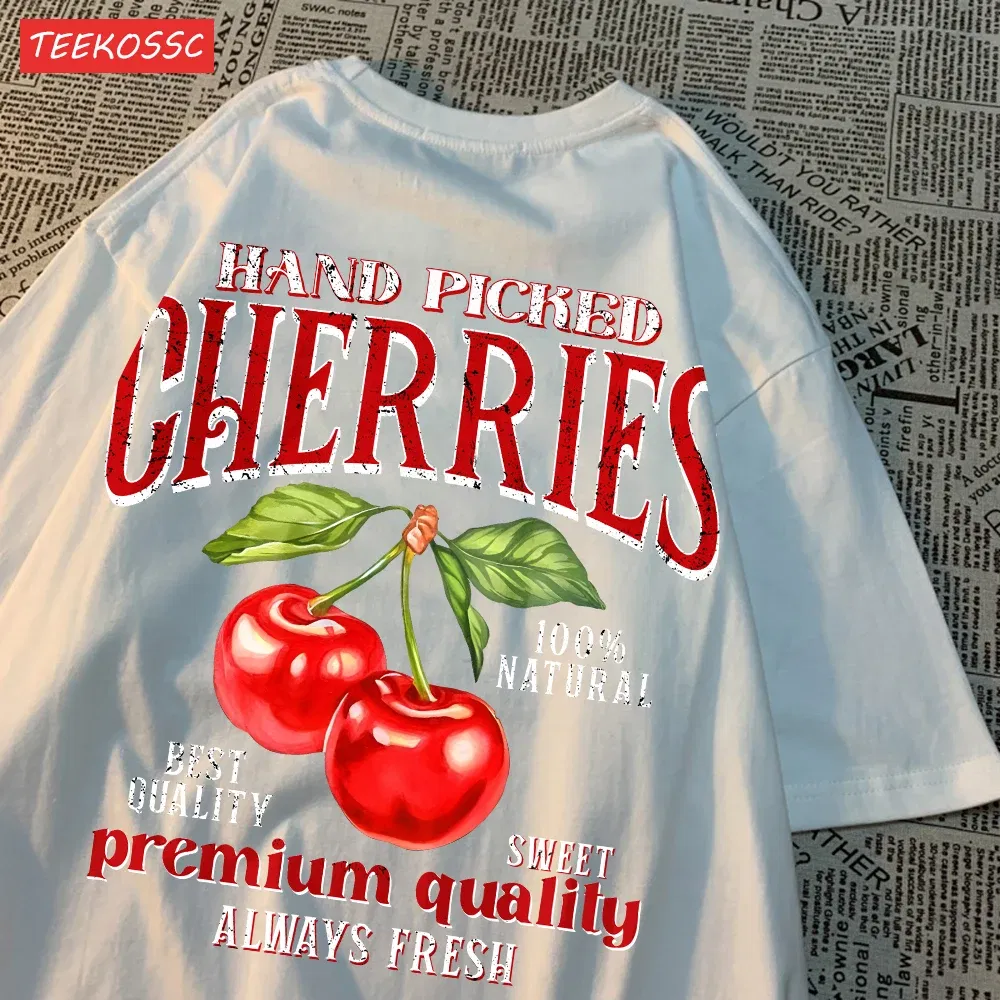 Color: PURPLE, Size: M - Summer Lemon Cherries Prints T-Shirts Cotton Women's Tops Oversize O-Neck Soft Short Sleeve tees Street Casual Womans Clothes