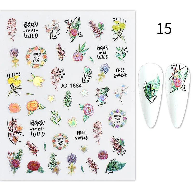 Color: Gray White - 3D Blue Butterfly Adhesive Stickers Nail Art Decoration Laser Flowers Leaves Nail Sticker Nail Art Supplies Nail Parts