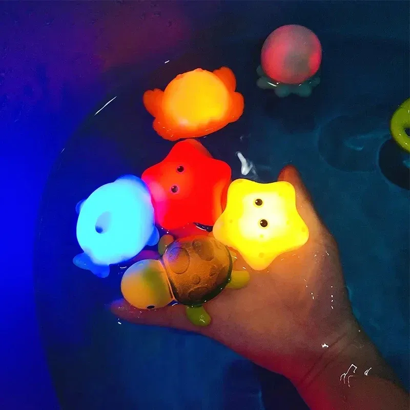 Color: WHITE - Baby Cute Animals Bath Toy Swimming Water LED Light Up Toys Soft Rubber Float Induction Luminous Frogs for Kids Play Funny Gifts