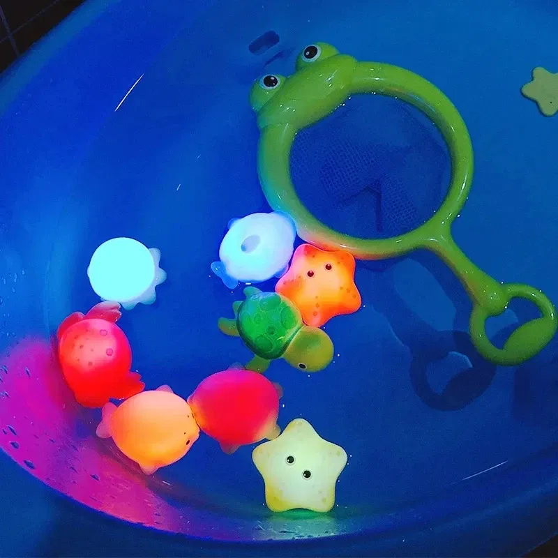 Color: WHITE - Baby Cute Animals Bath Toy Swimming Water LED Light Up Toys Soft Rubber Float Induction Luminous Frogs for Kids Play Funny Gifts