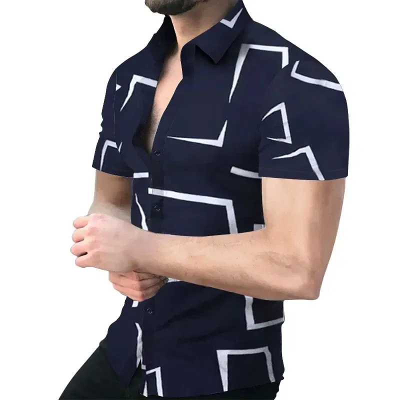 Color: SKY BLUE, Size: 4XL - 3D Men's Striped Printed Short Sleeve Shirt, Fashionable And Casual Loose Shirt, 2023 New Style.