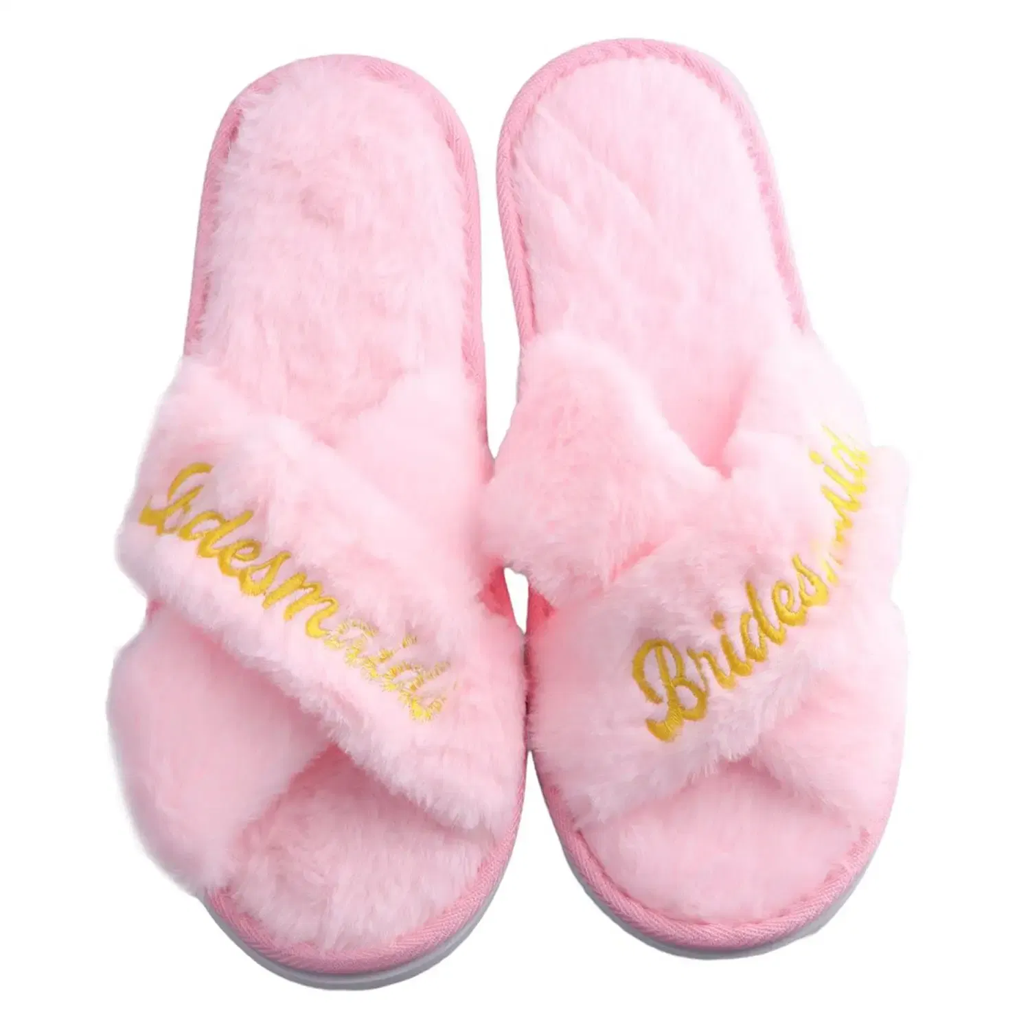 Color: Straw, Shoe Size: One Size - Personalized Wedding Name Slipper Bridal Party Fluffy Slippers Warm Soft Ladies Home Shoes Bridesmaids Gifts