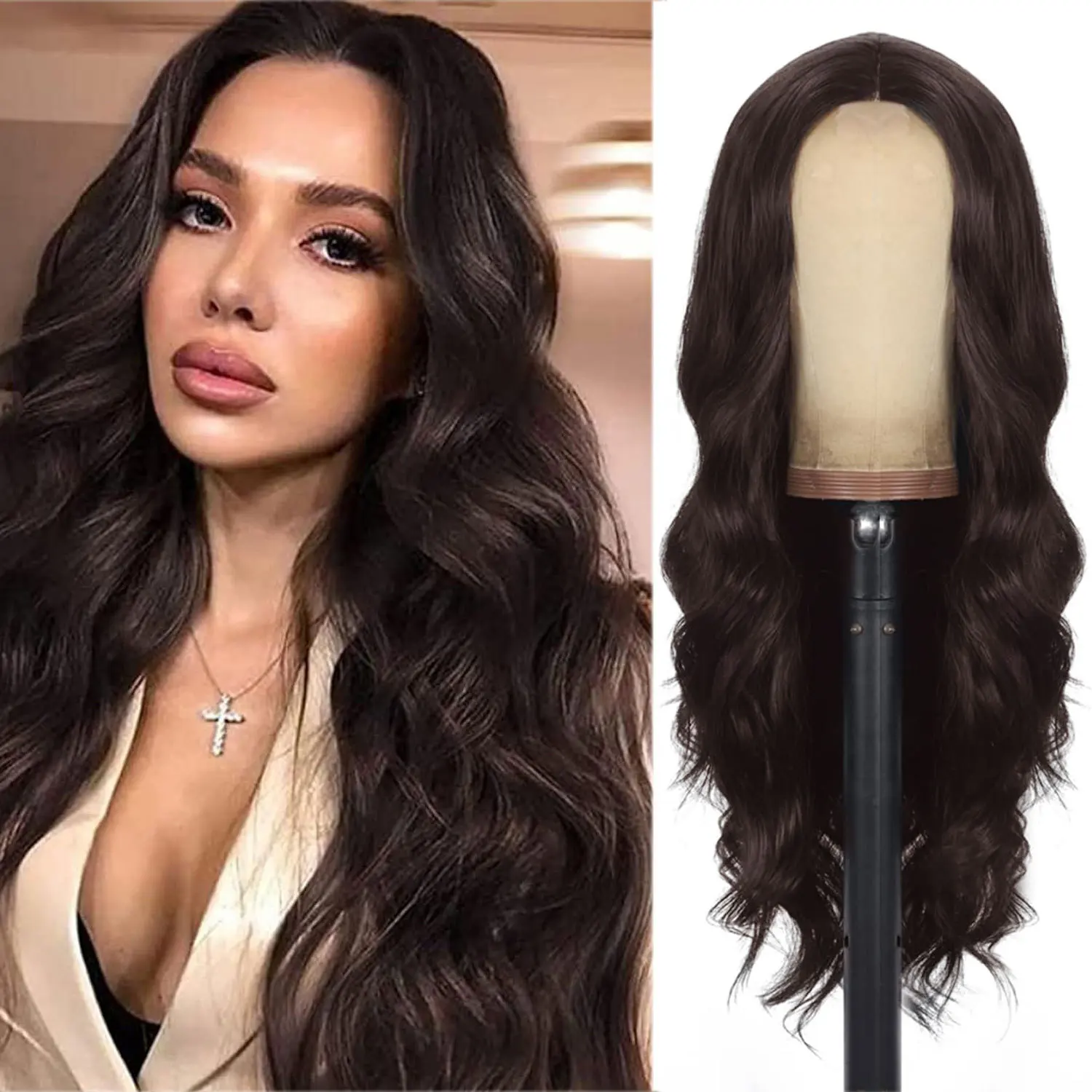 Color: T1B/4/27 - Light golden synthetic wig with big waves for Halloween party, cosplay wig, everyday wig, high-temperature hair silk wig set