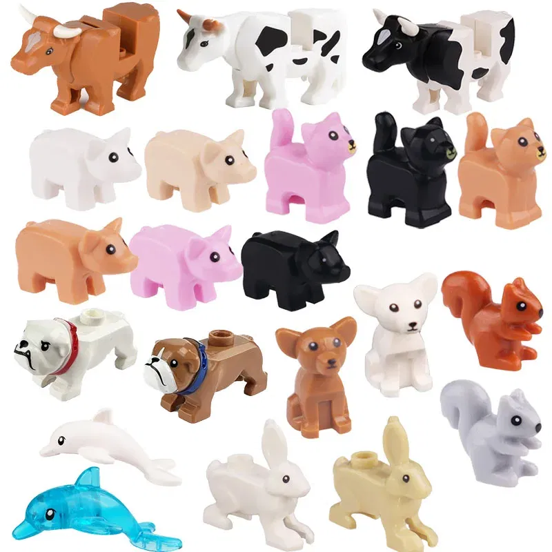 Color: Medium Lavender - MOC City Animal Building Block Figures Hare Dairy Cow Squirrel Dolphin Pug DIY Farm Street View Accessories Bricks Toys Gifts