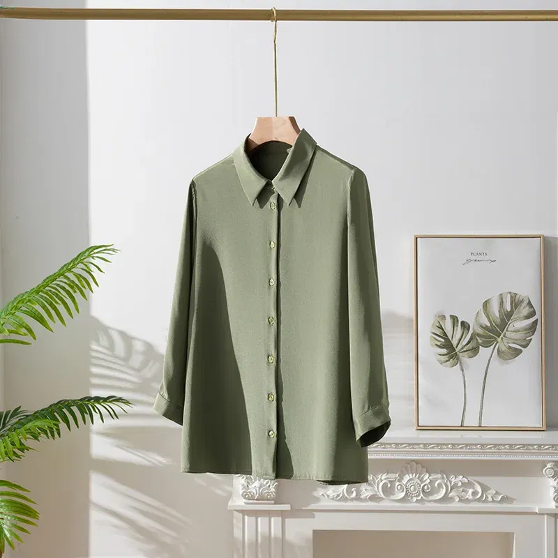 Birdsky, 1PC Women button shirt top office lady 3/4 sleeve heavy 23mm 93% real mulberry silk 7% spandex solid color, S-785
