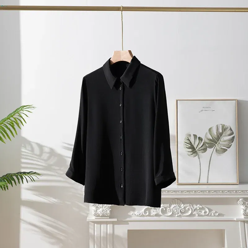 Birdsky, 1PC Women button shirt top office lady 3/4 sleeve heavy 23mm 93% real mulberry silk 7% spandex solid color, S-785