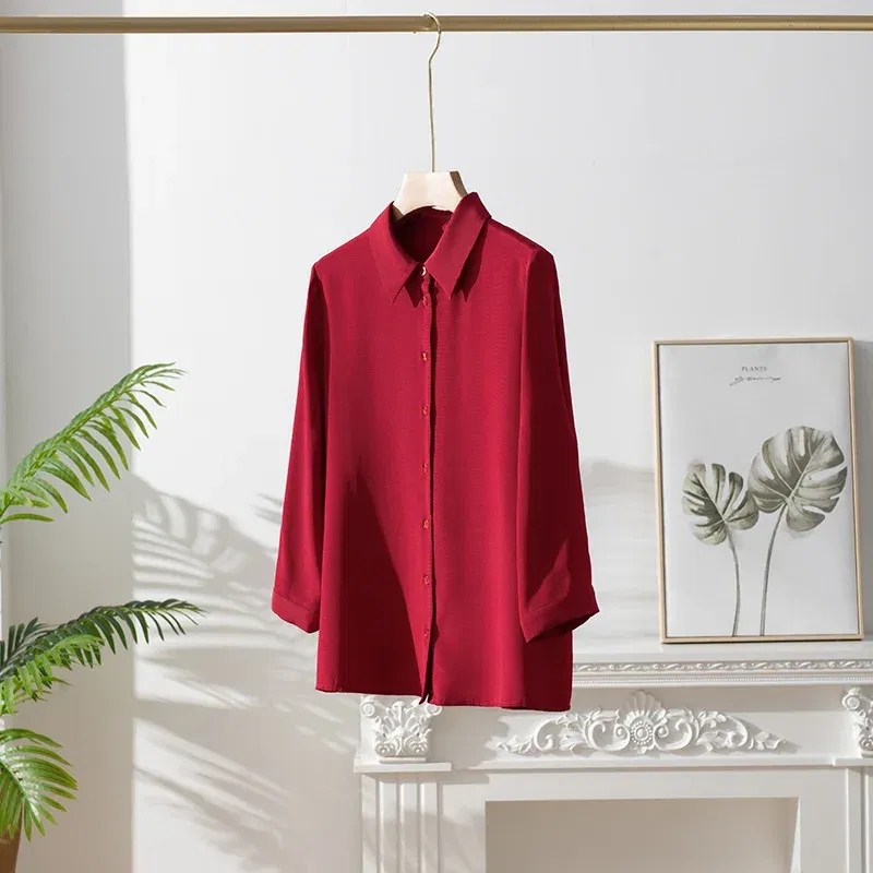 Birdsky, 1PC Women button shirt top office lady 3/4 sleeve heavy 23mm 93% real mulberry silk 7% spandex solid color, S-785