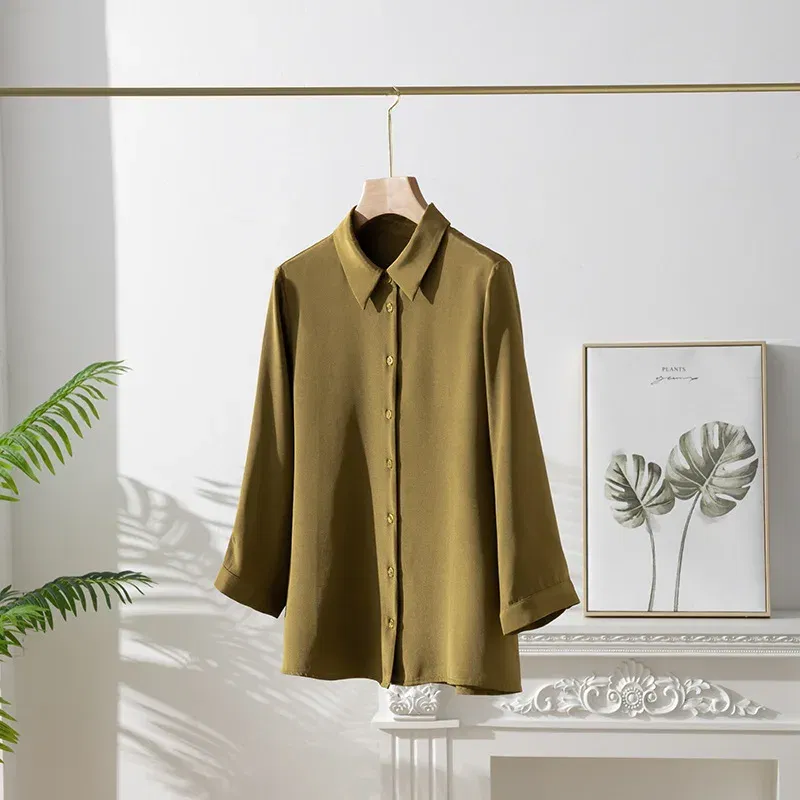Birdsky, 1PC Women button shirt top office lady 3/4 sleeve heavy 23mm 93% real mulberry silk 7% spandex solid color, S-785
